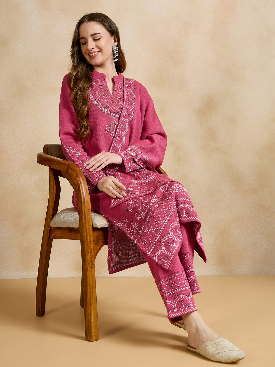 Clapton Embroidered Straight Kurta Pant With Dupatta Set Pink