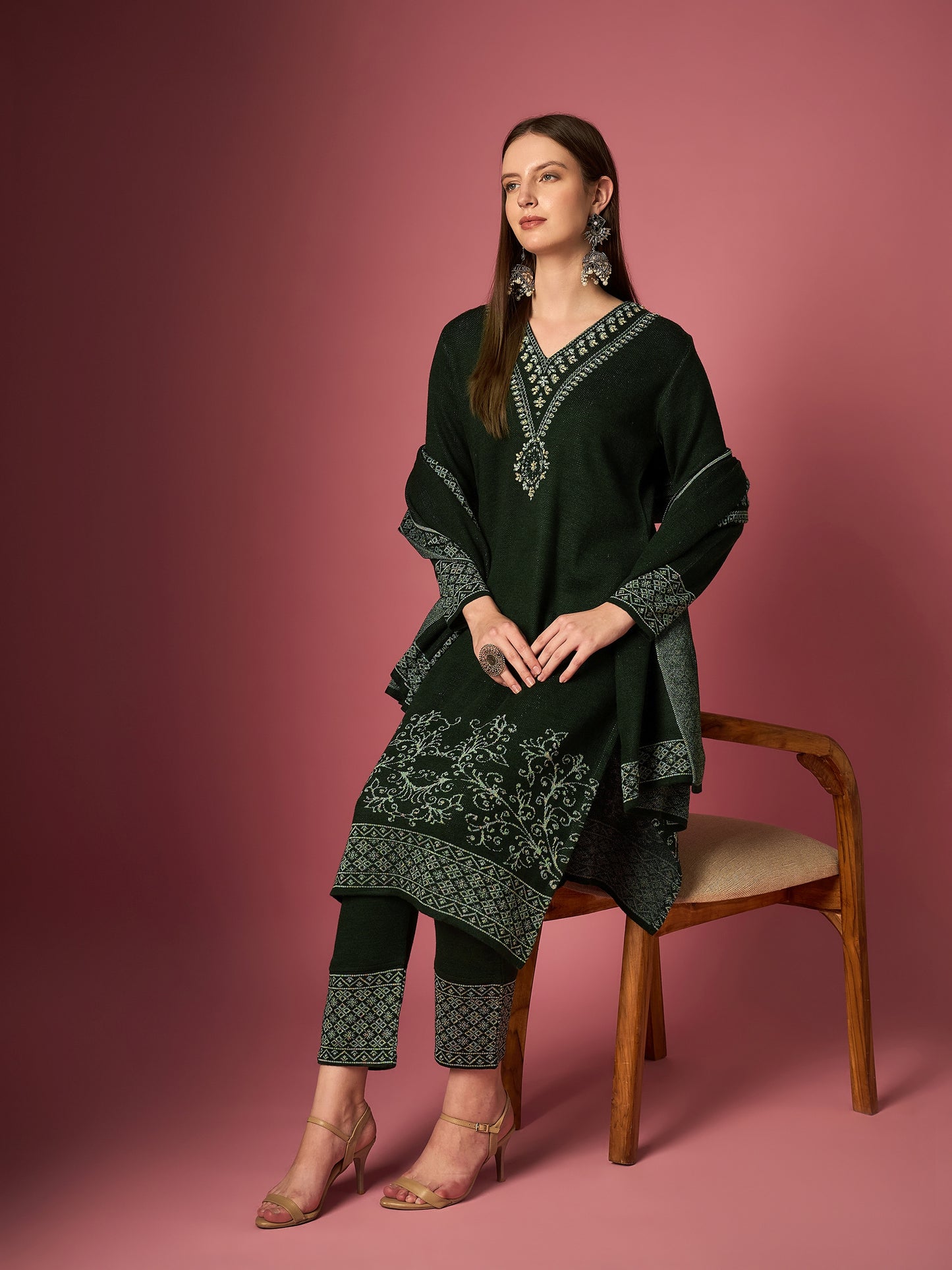 Clapton Embroidered Straight Kurta Pant With Dupatta Set Green