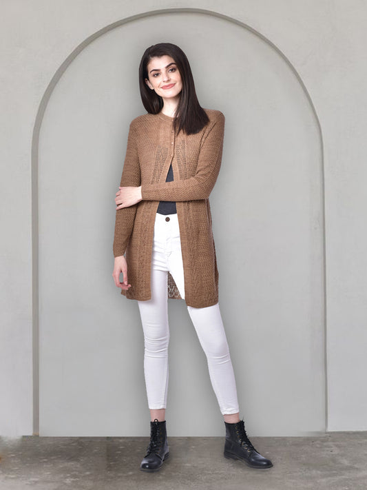 Wool Blend Round Neck Dark Brown Long Shrug