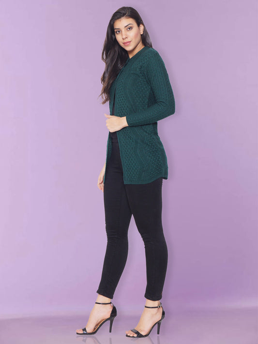 Wool Blend Round Neck Dark Green Long Shrug