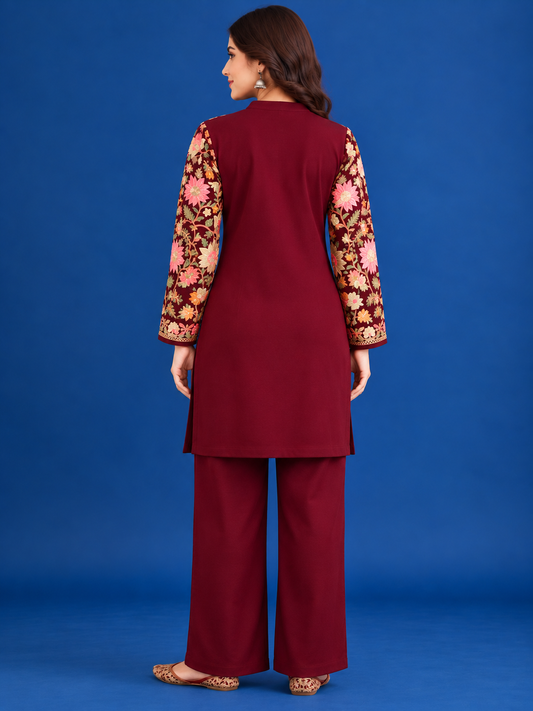 Women’S Embroidered Woolen Kurta With Straight-Fit Pants Co-Set Red