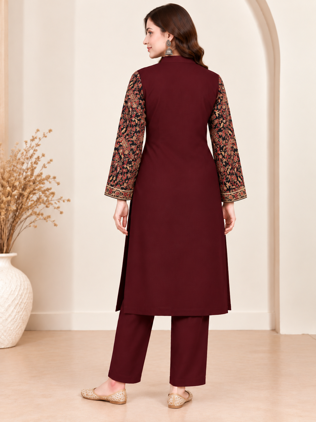 Embroidered 3-Piece Co-ord Shrug Set with Straight Pants and Inner Tank Top MAROON