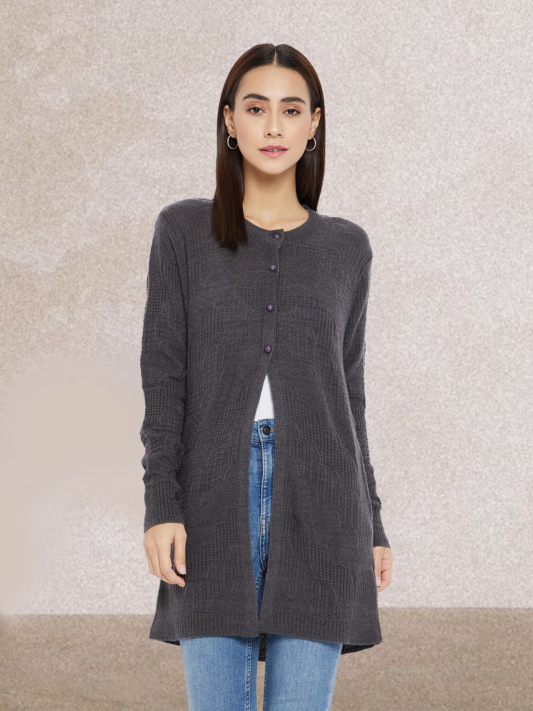 Wool Blend Round Neck Dark Grey Long Shrug