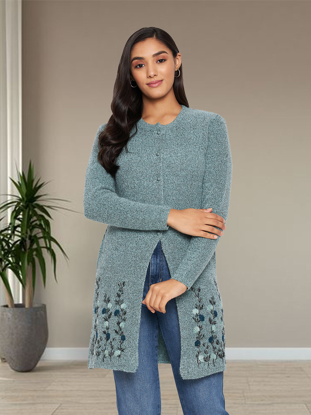 Wool Blend Round Neck Green Long Shrug