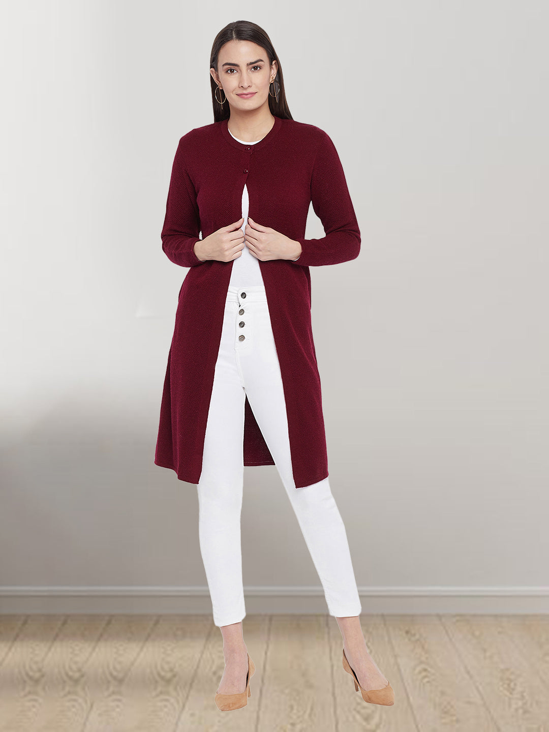 Wool Blend Round Neck Maroon Extra long Shrug