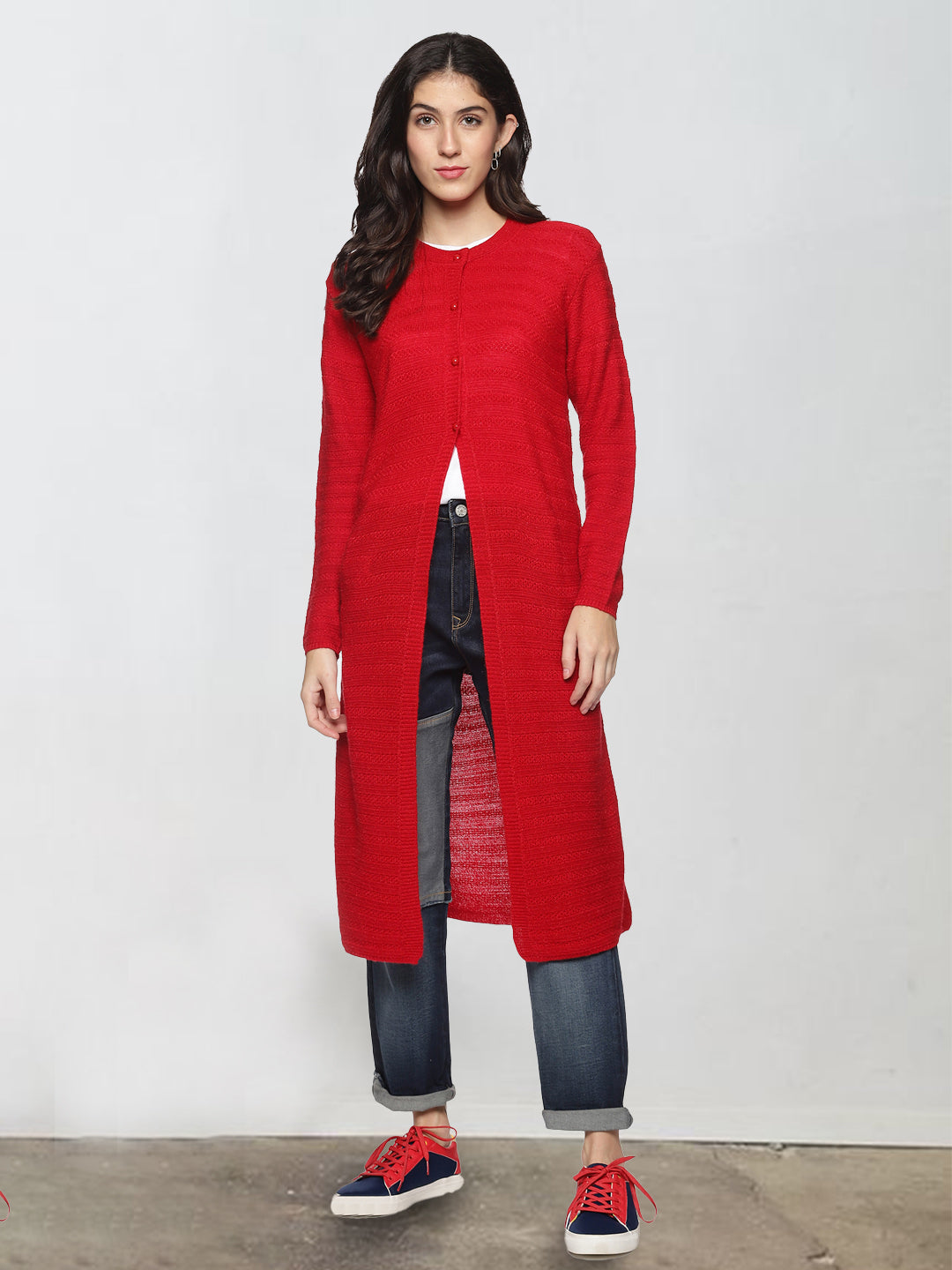 Wool Blend Round Neck Red Extra long Shrug