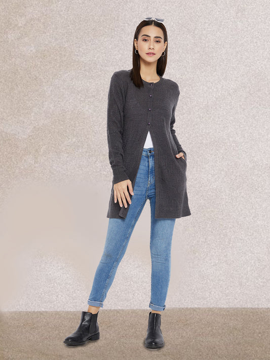 Wool Blend Round Neck Dark Grey Long Shrug