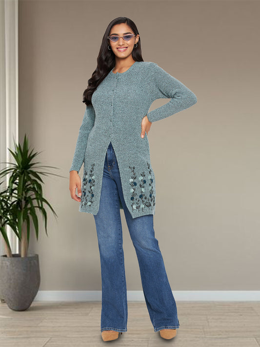 Wool Blend Round Neck Green Long Shrug