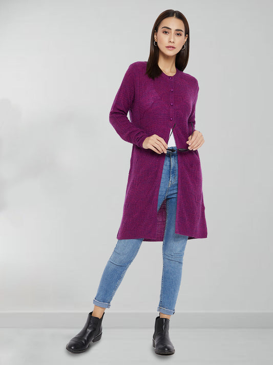 Wool Blend Round Neck Purple Long Shrug