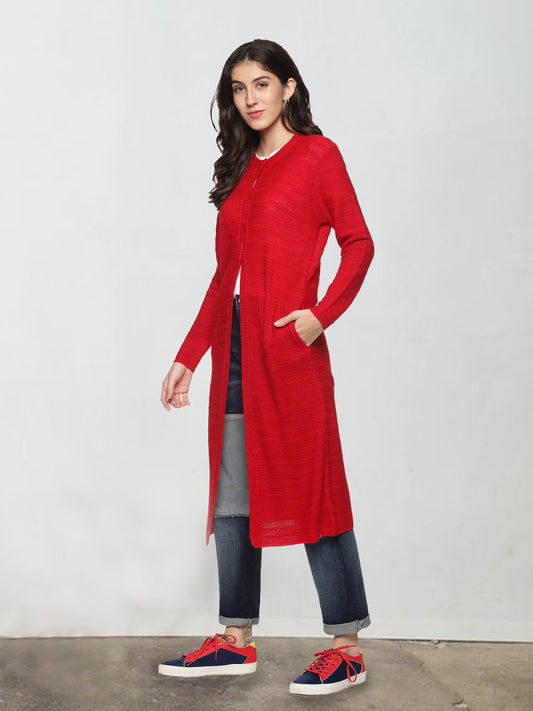 Wool Blend Round Neck Red Extra long Shrug