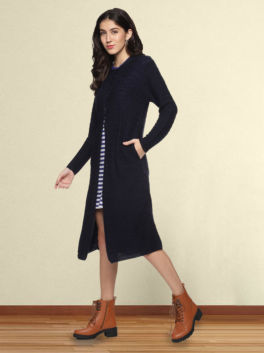 Wool Blend Round Neck Dark Navy Extra long Shrug