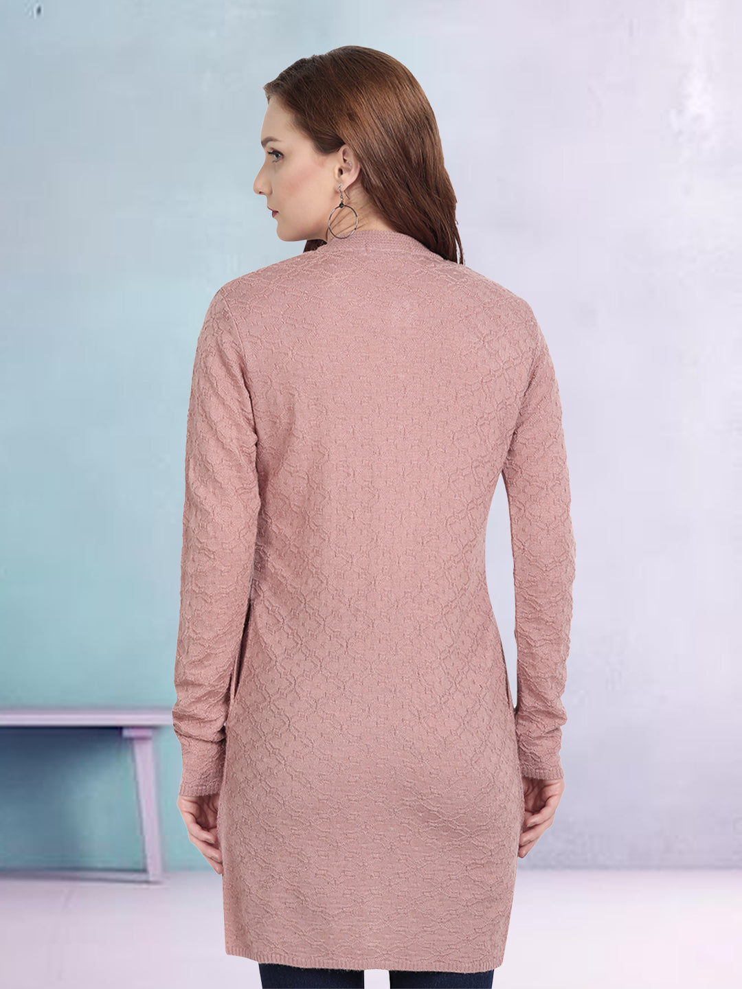Wool Blend Round Neck Peach Long Shrug