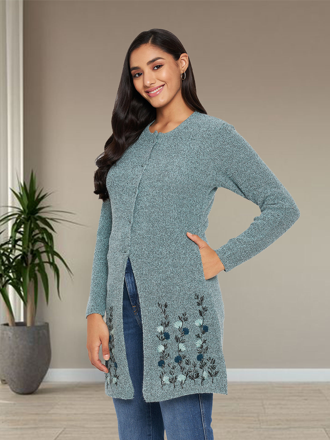 Wool Blend Round Neck Green Long Shrug