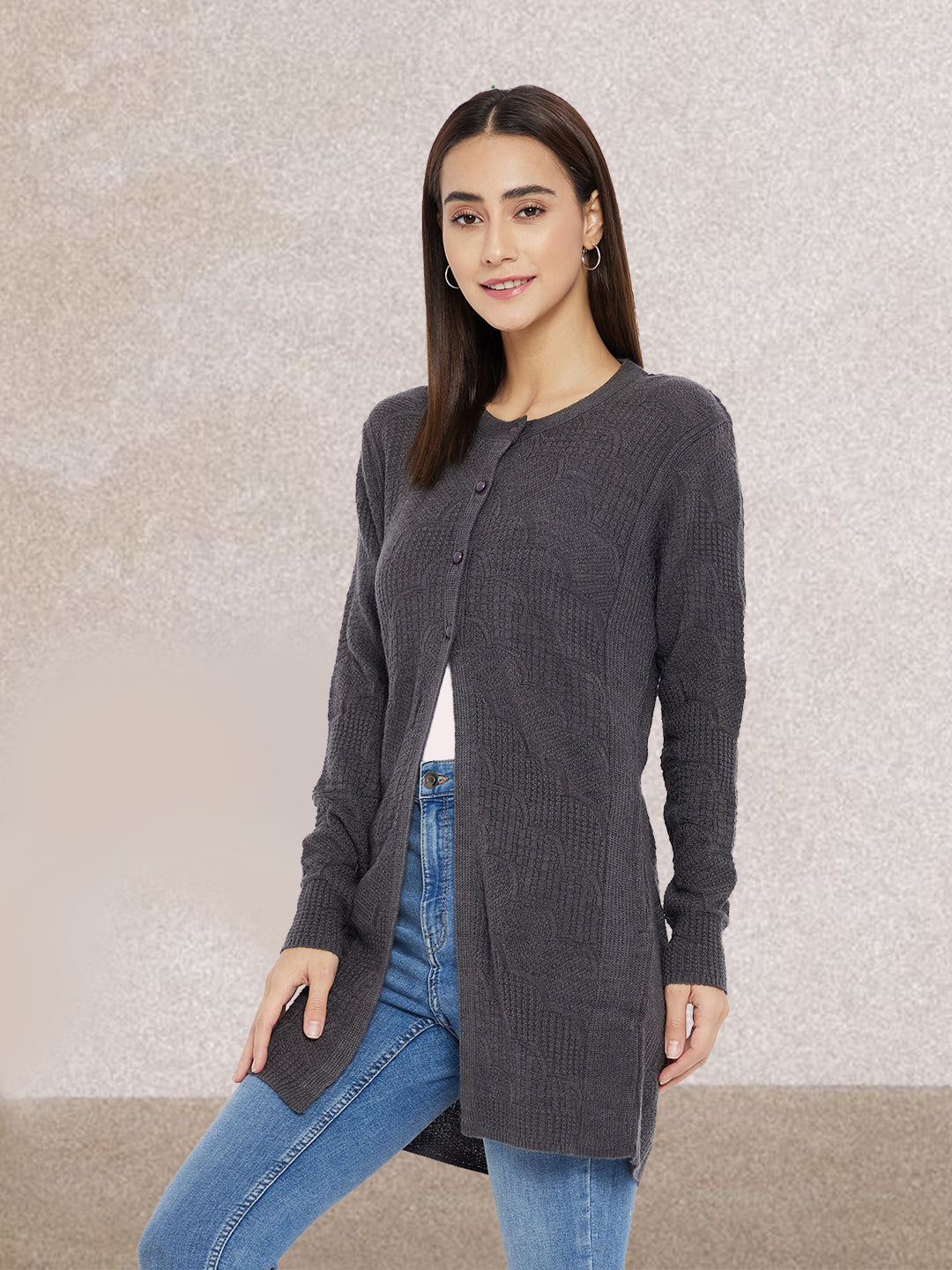 Wool Blend Round Neck Dark Grey Long Shrug