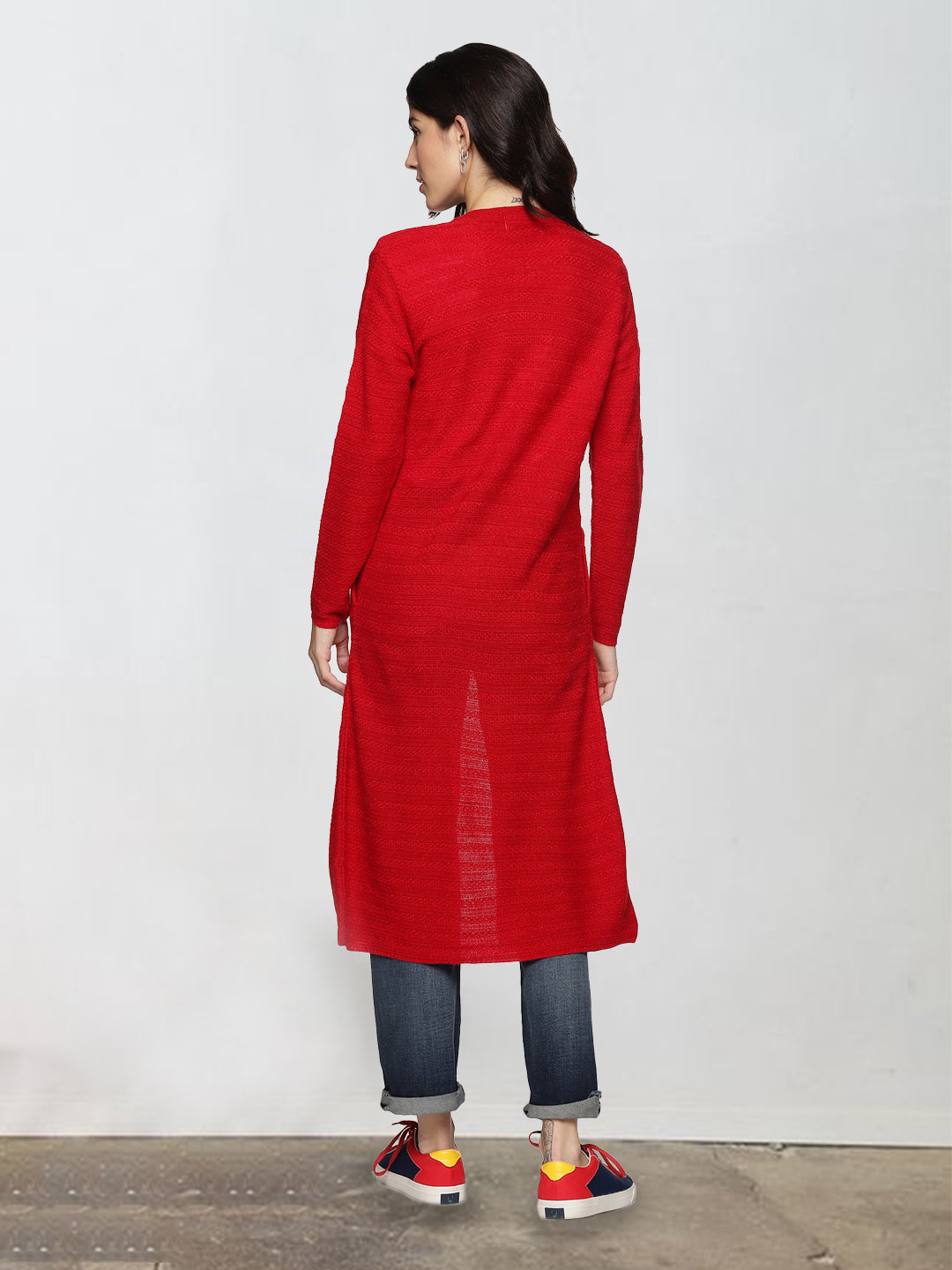 Wool Blend Round Neck Red Extra long Shrug