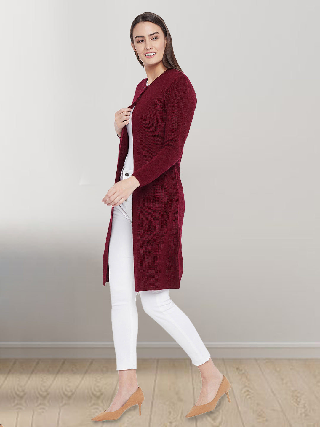 Wool Blend Round Neck Maroon Extra long Shrug