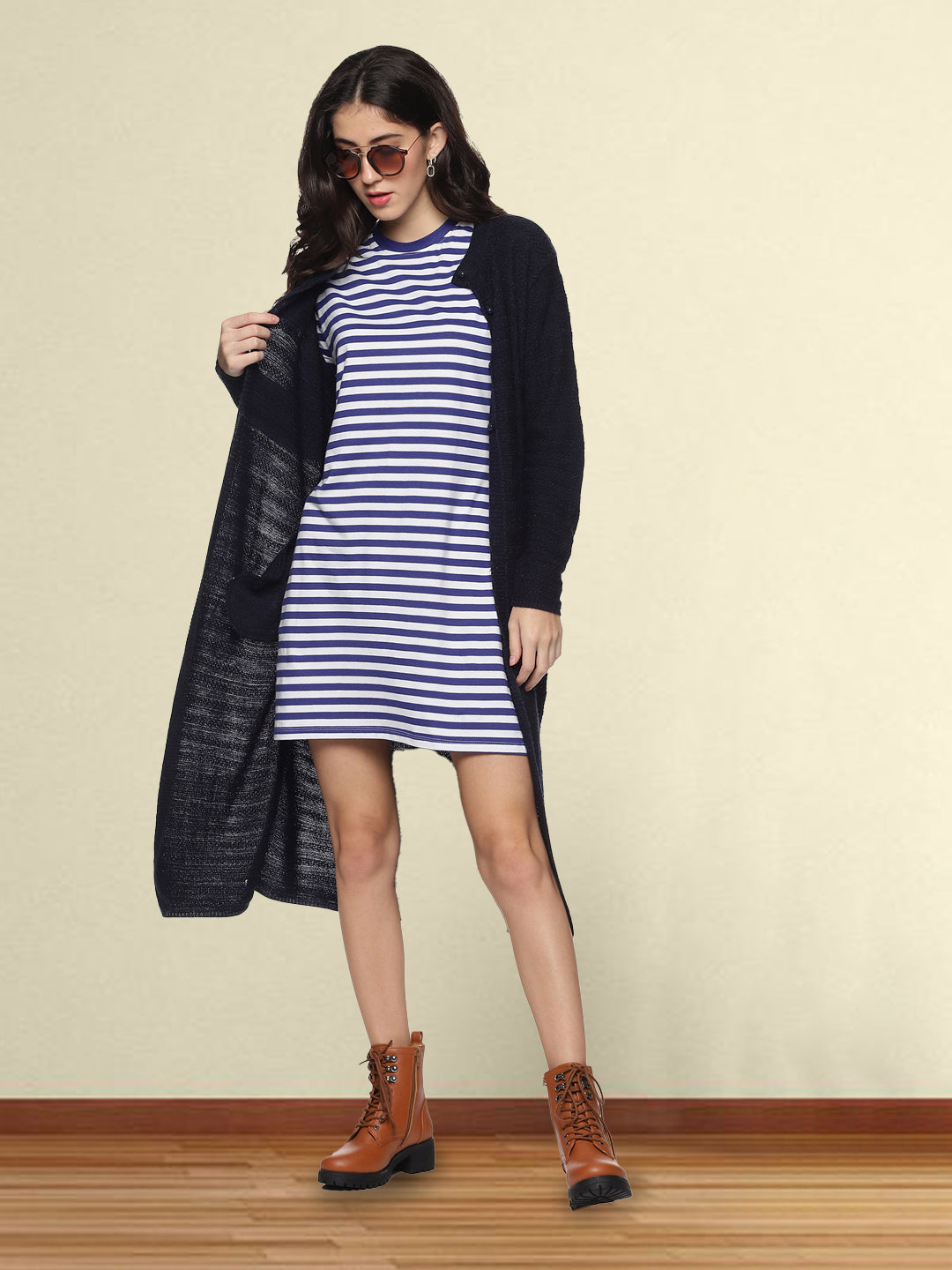 Wool Blend Round Neck Dark Navy Extra long Shrug