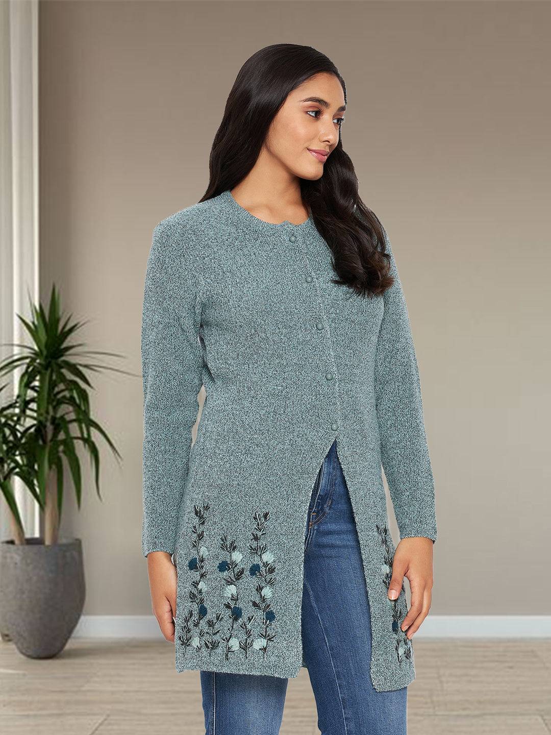 Wool Blend Round Neck Green Long Shrug