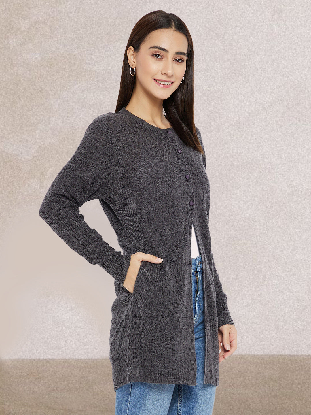 Wool Blend Round Neck Dark Grey Long Shrug