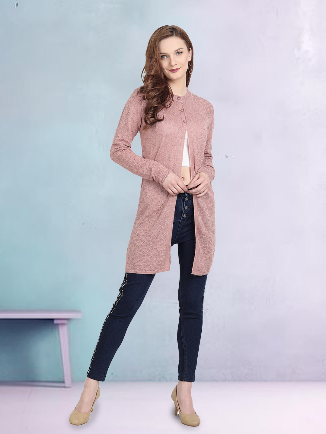 Wool Blend Round Neck Peach Long Shrug
