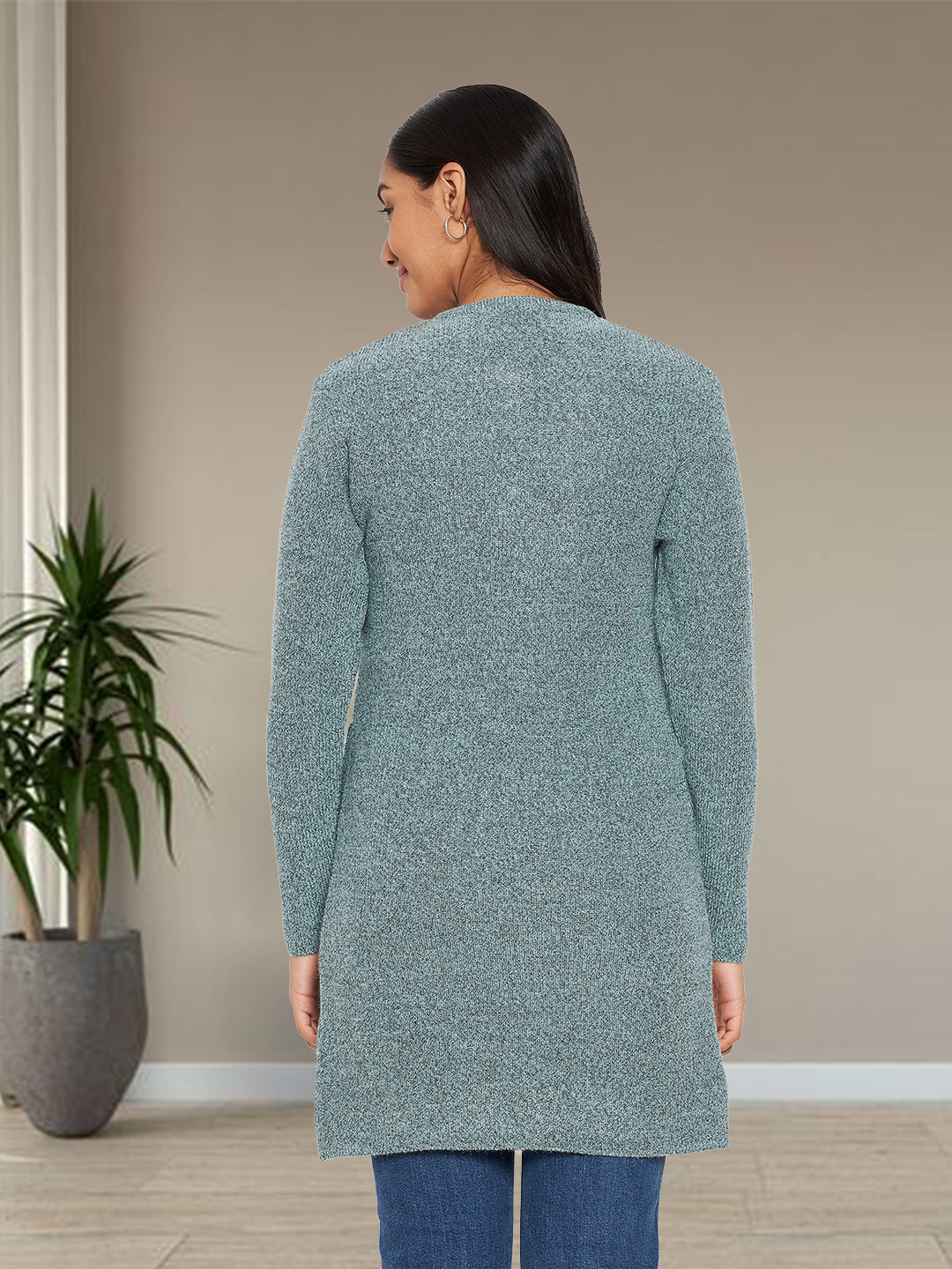 Wool Blend Round Neck Green Long Shrug