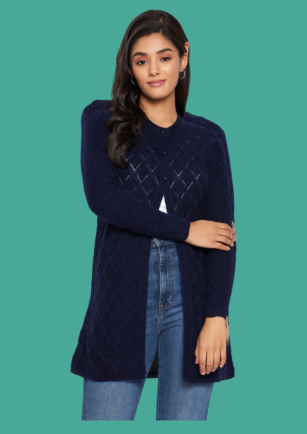 Wool Blend Round Neck Navy Long Shrug