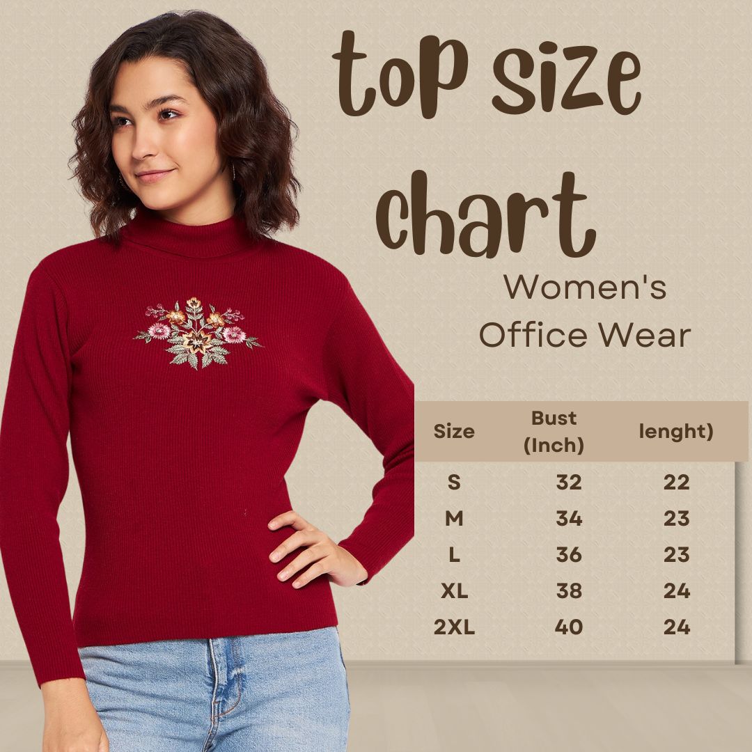 Wool Blend High Neck Mehndi Top With Embroidery