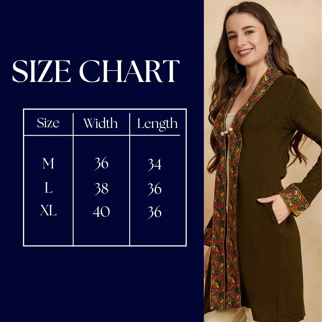 Women's Dark Green Embroidered Sleeves, Floral Pattern, Winter Wear, Open Neck Shrug