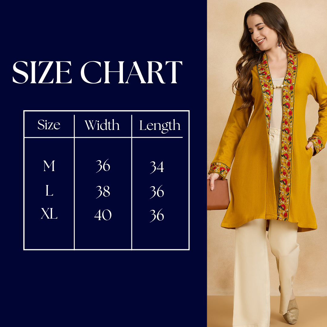 Women's Gold Mustard Embroidered Sleeves, Floral Pattern, Winter Wear, Open Neck Shrug