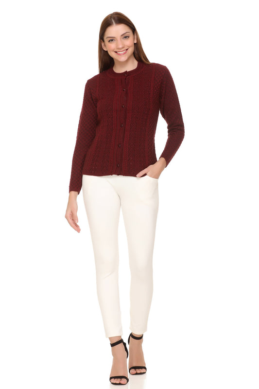 Wool Blend Round Neck Maroon Cardigans