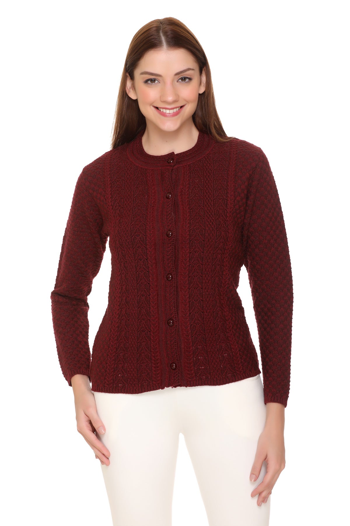 Wool Blend Round Neck Maroon Cardigans