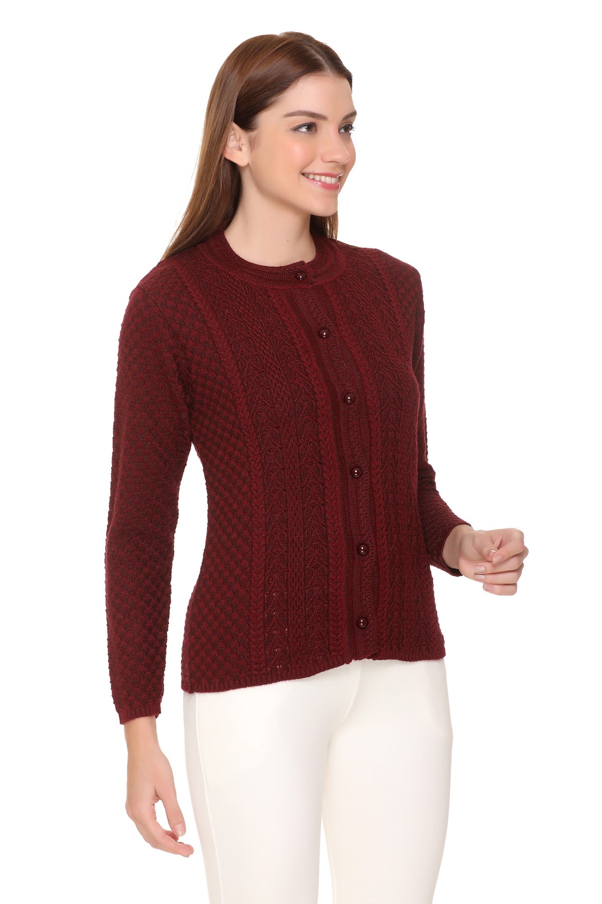 Wool Blend Round Neck Maroon Cardigans