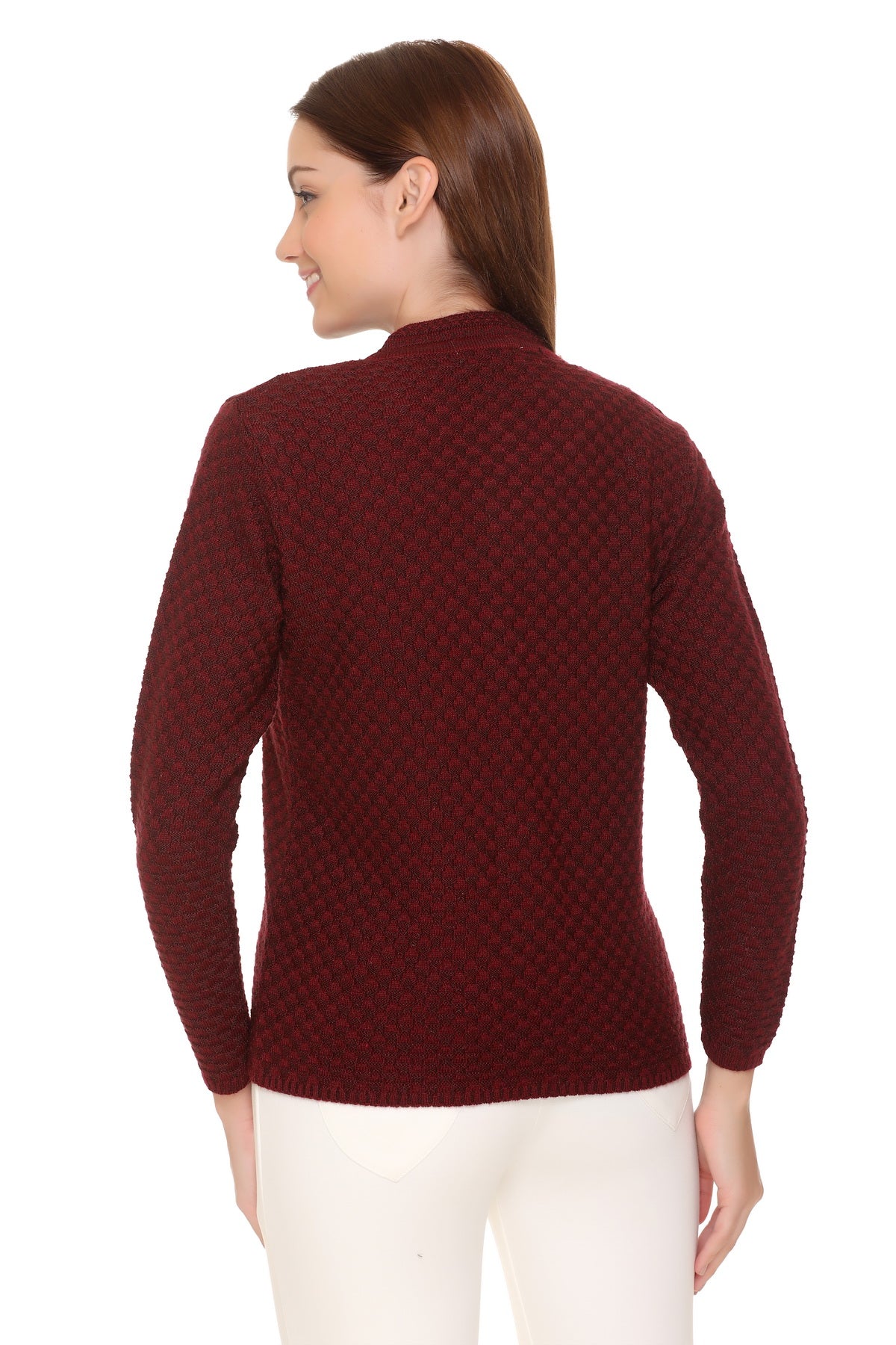 Wool Blend Round Neck Maroon Cardigans