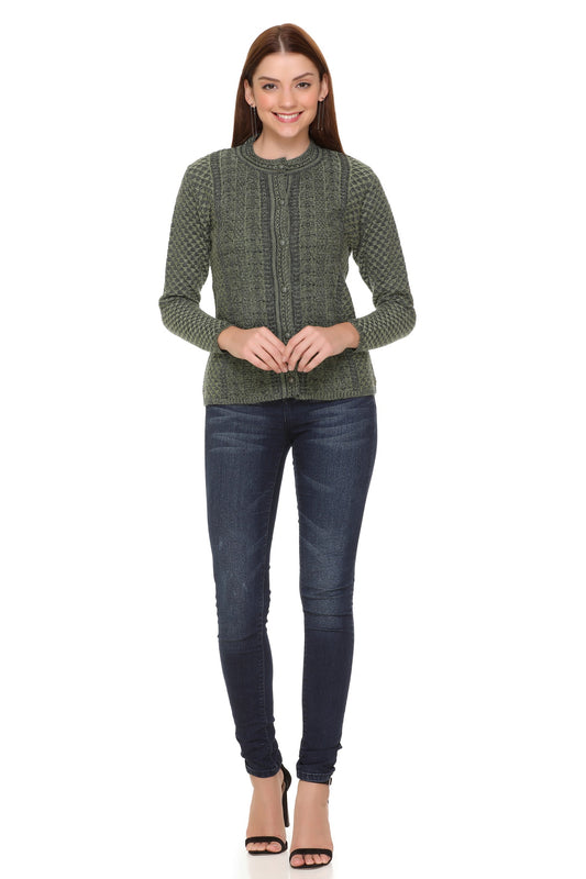 Wool Blend Round Neck Green Cardigans