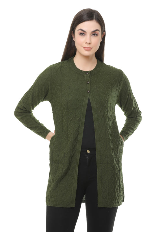 Wool Blend Round Neck Mehndi Long Shrug