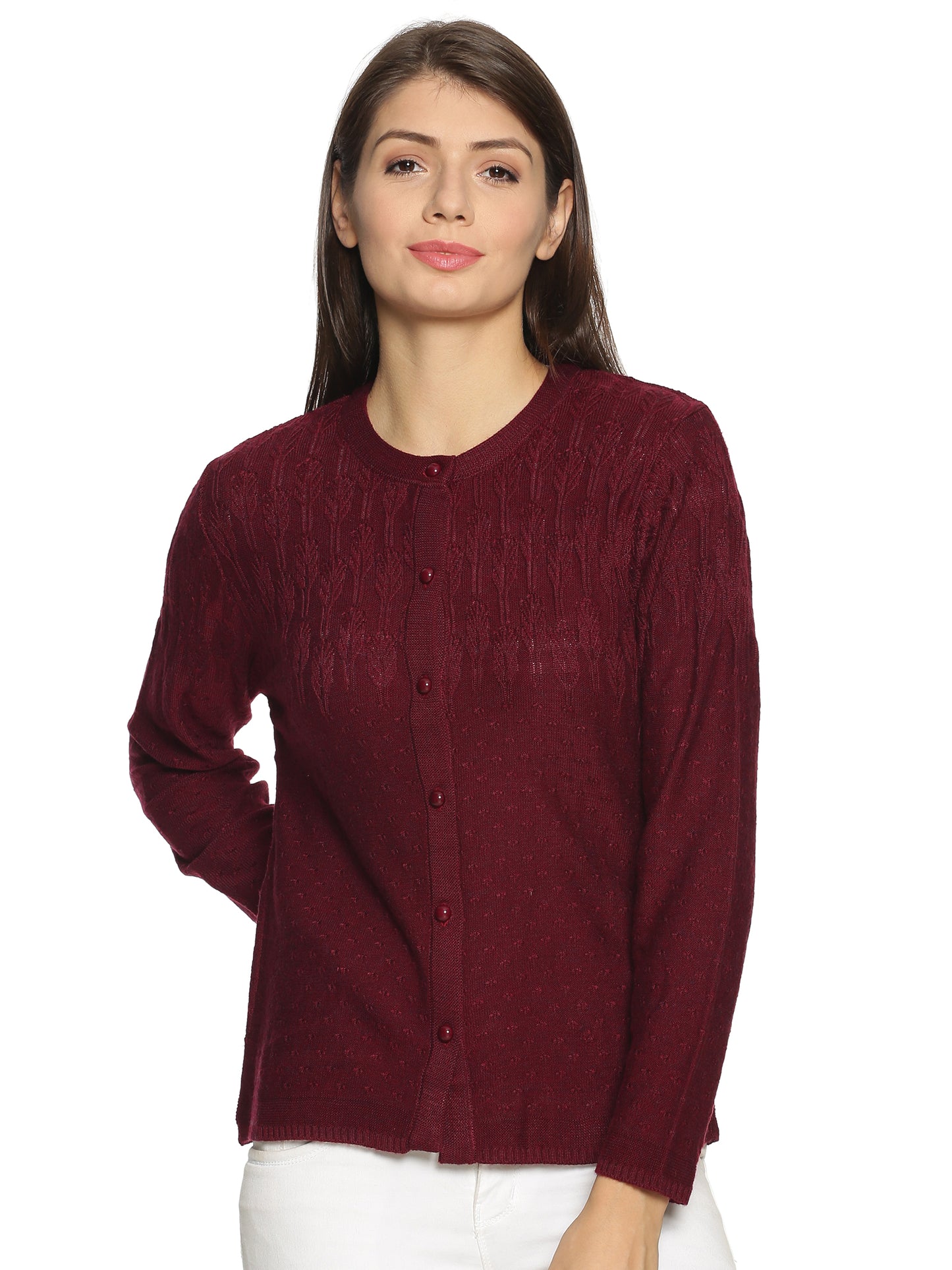 Wool Blend Round Neck Maroon cardigan