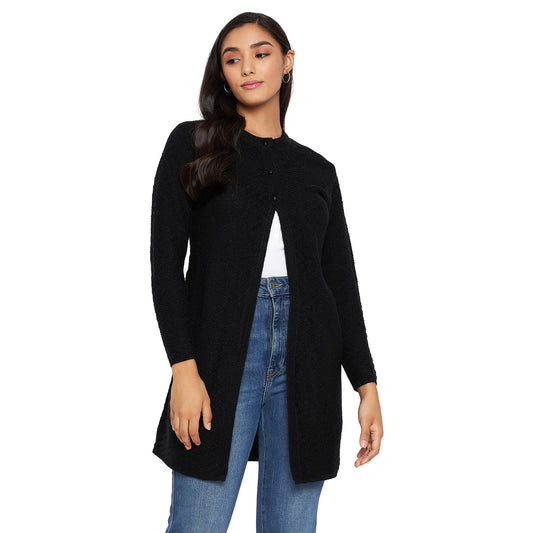 Wool Blend Round Neck Black Long Shrug