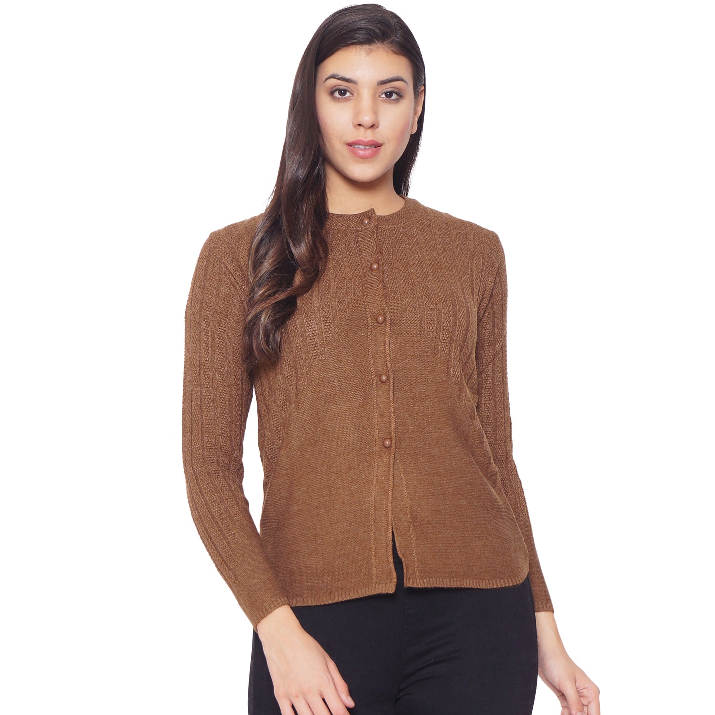 Wool Blend Round Neck Brown cardigan