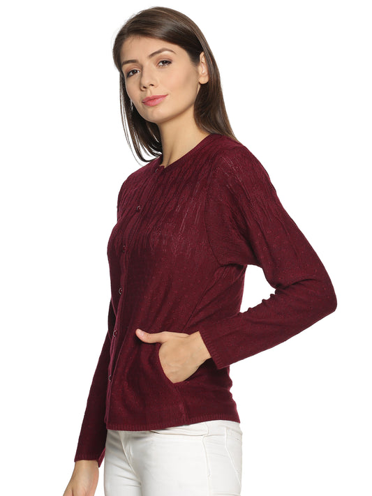 Wool Blend Round Neck Maroon cardigan