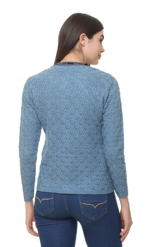 Wool Blend Round Neck Denim cardigan