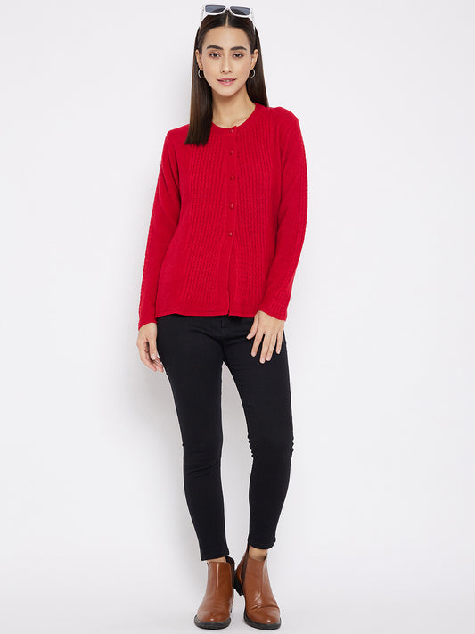 Wool Blend Round Neck Red cardigan