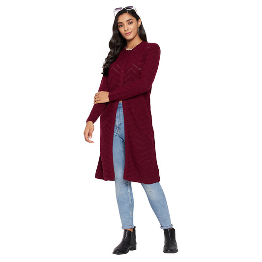Wool Blend Round Neck Maroon Extra long Shrug
