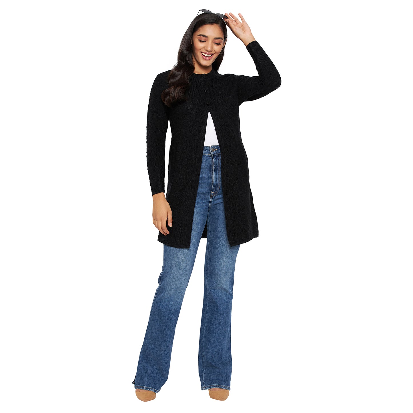 Wool Blend Round Neck Black Long Shrug