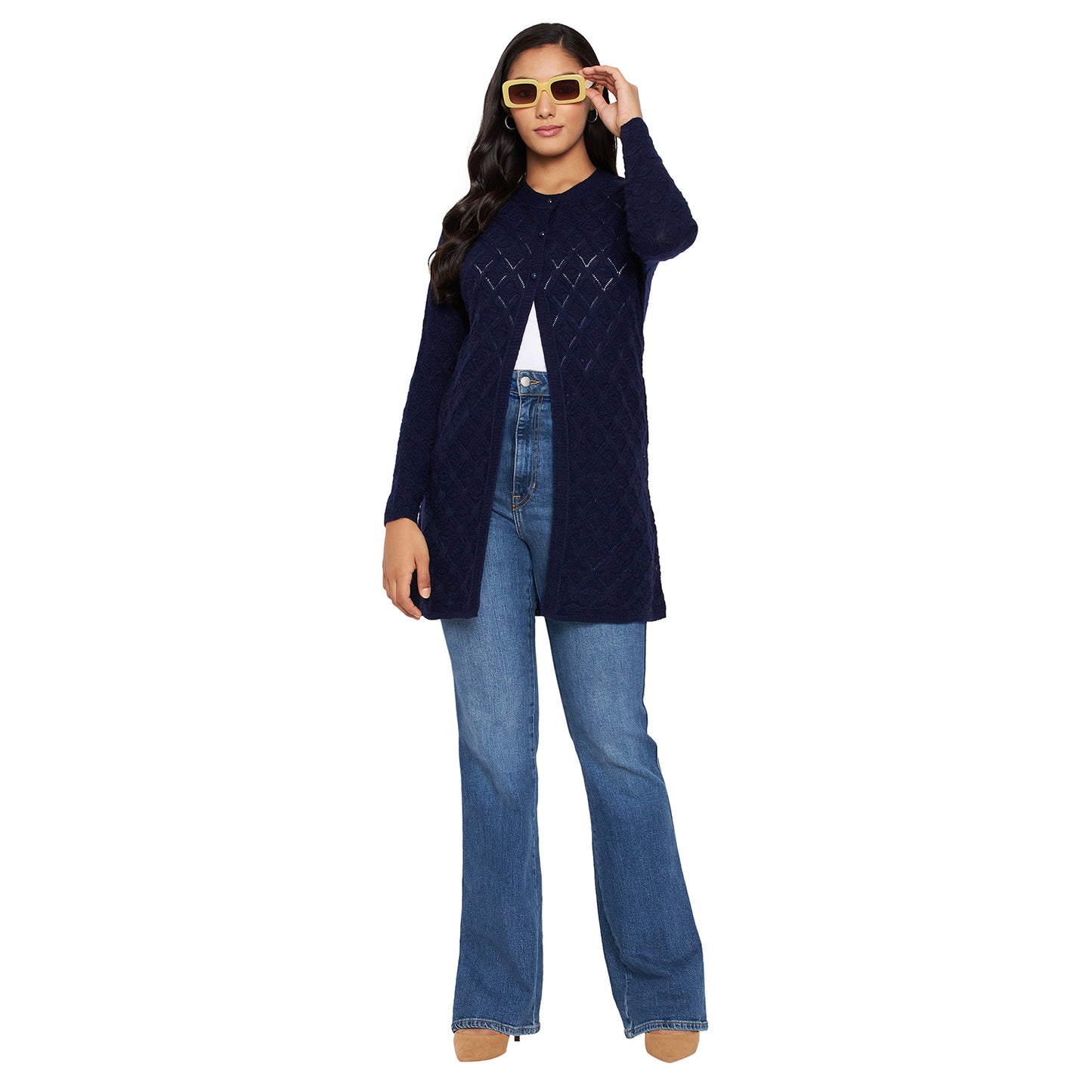 Wool Blend Round Neck Navy Long Shrug
