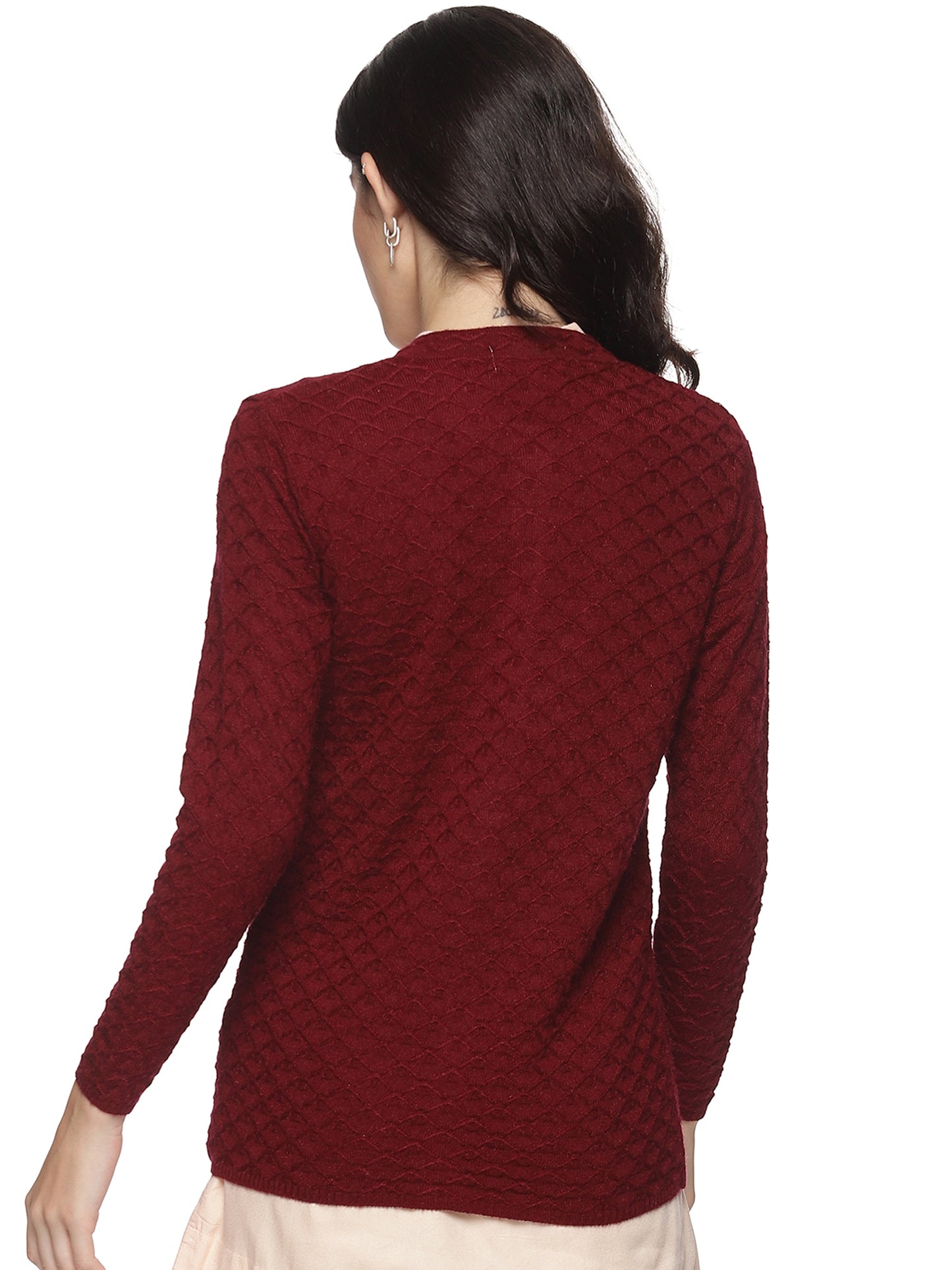 Wool Blend Round Neck Maroon Cardigans