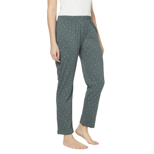 Women's Cotton Blend Solid Printed Sea Green Pajama