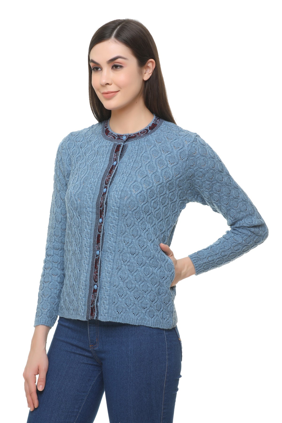 Wool Blend Round Neck Denim cardigan