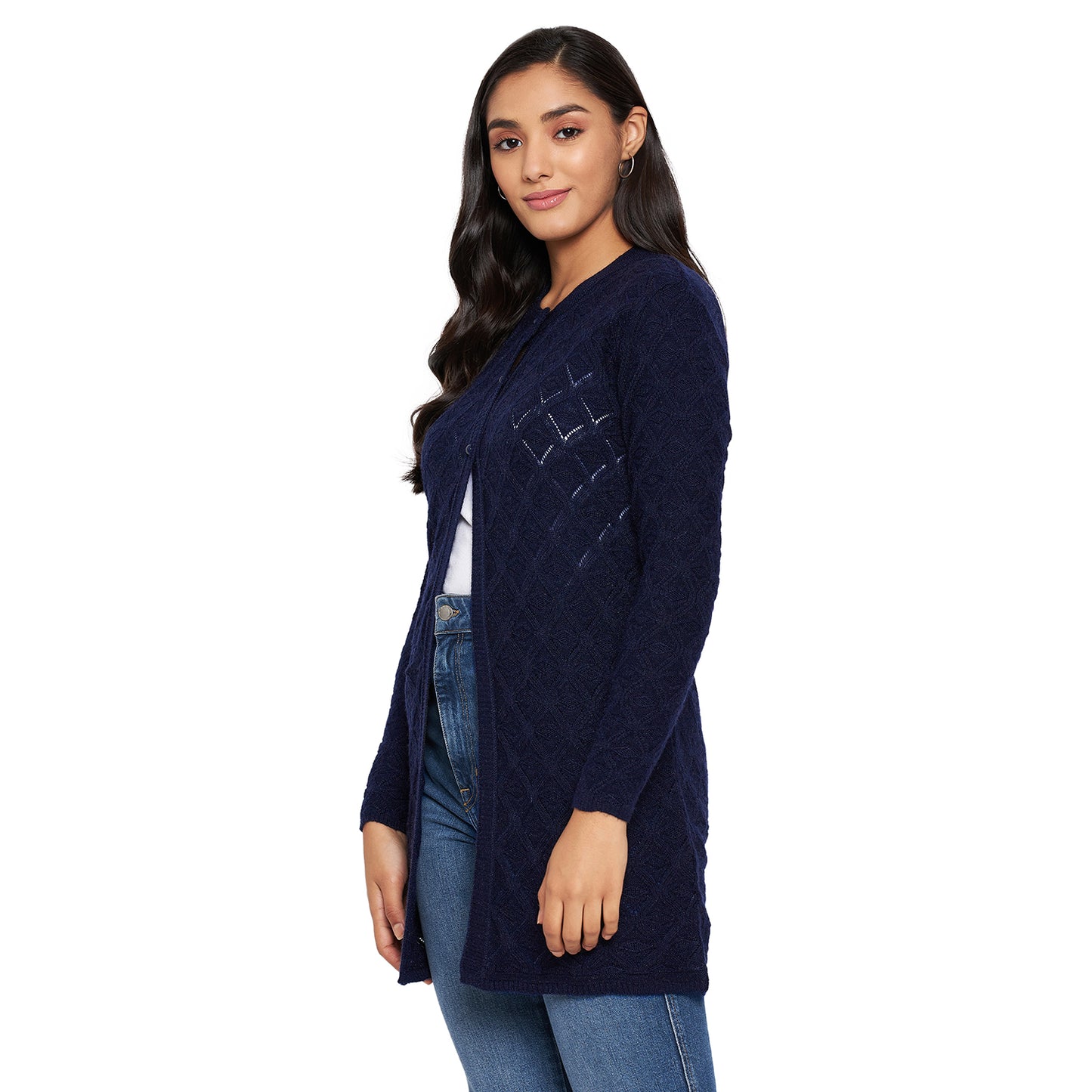 Wool Blend Round Neck Navy Long Shrug