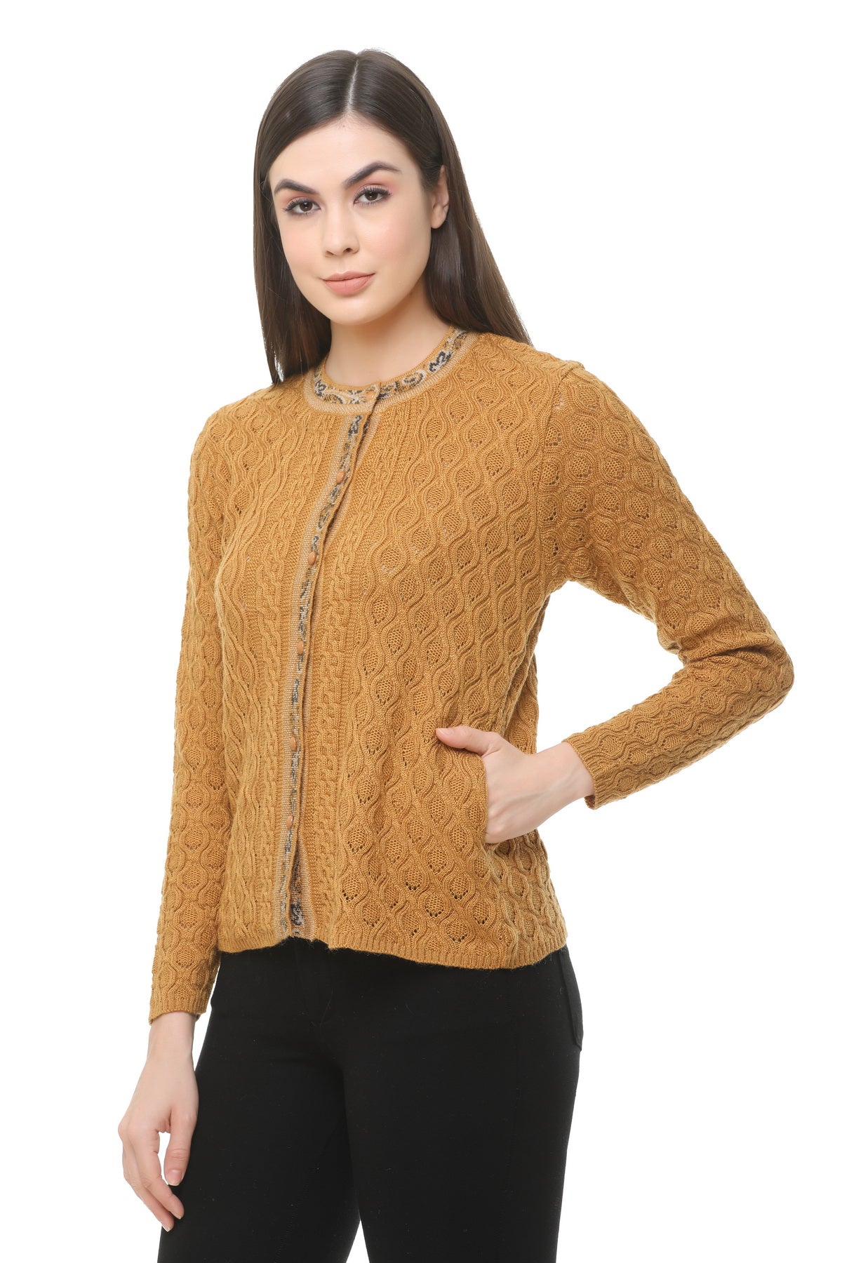 Wool Blend Round Neck Gold cardigan