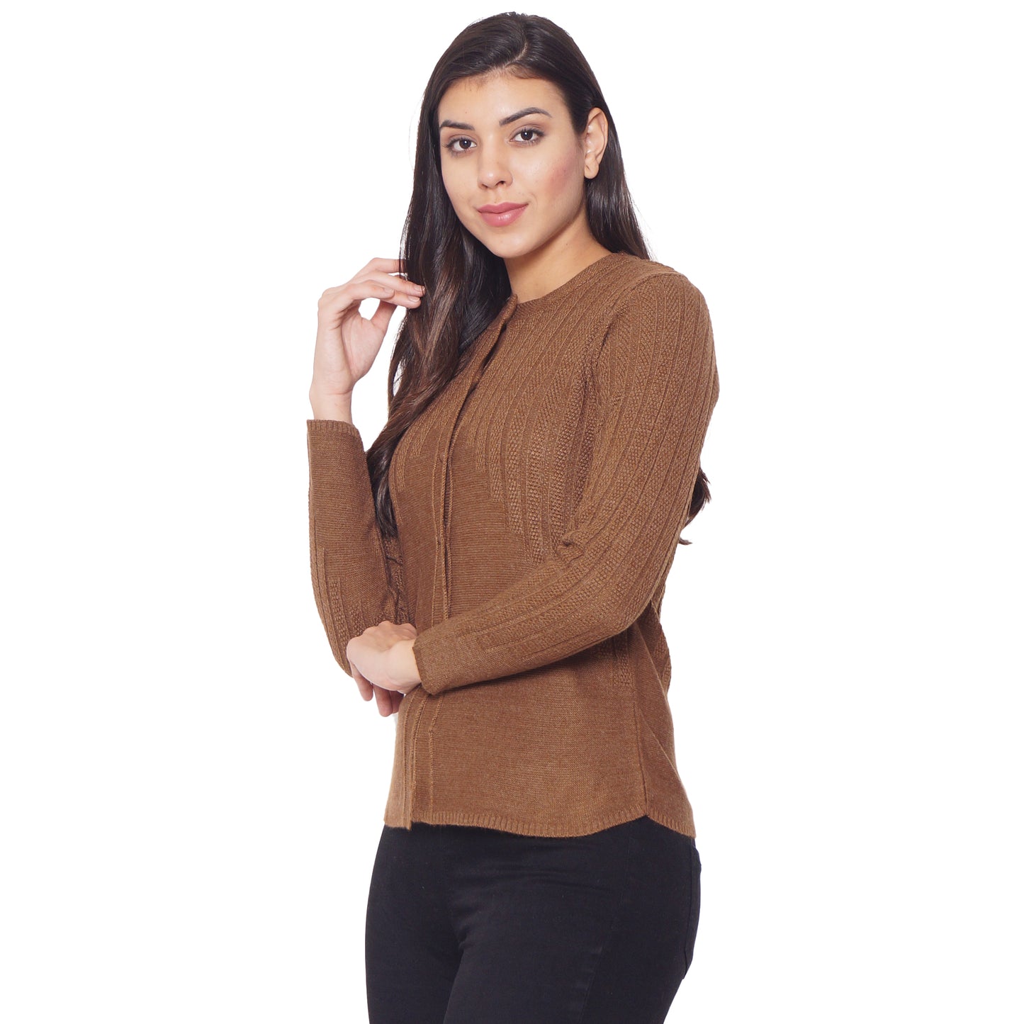 Wool Blend Round Neck Brown cardigan